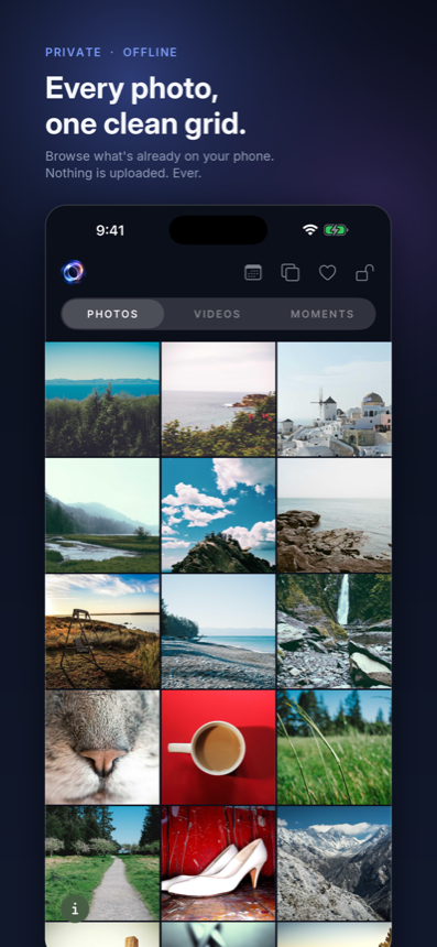 Oryn's photo grid showing the device's own library